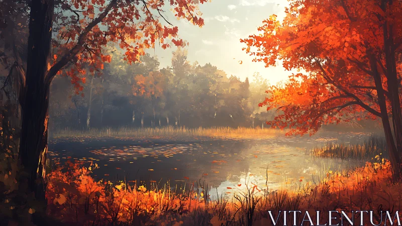 Crimson leaves cradle a quiet lake in golden autumn light.