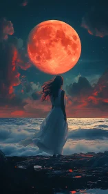 Solitary figure on shore beneath large red moon at dusk.