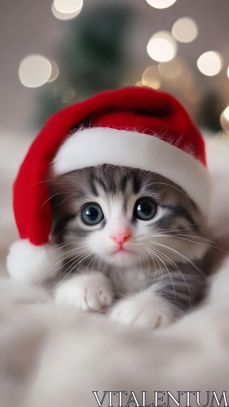 Kitten in red Santa hat on soft white surface.