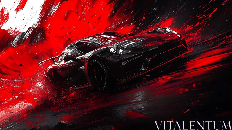 Sleek black sports car racing through bold red motion.