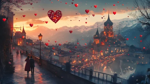 Enchanted Castle Valley Under Floating Hearts at Twilight.