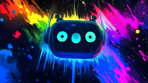Cartoon robot head floats over neon splatter background