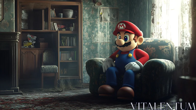 Mario character sits in worn armchair in decayed living room