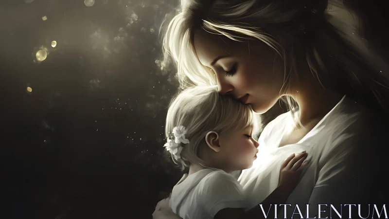 Woman and child in white clothing with warm backlighting