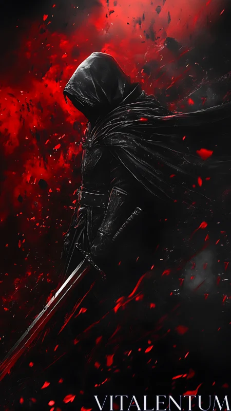 Cloaked swordsman in red particulate storm digital painting.