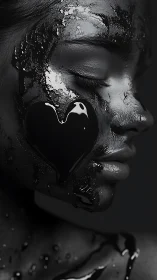 Monochrome portrait with liquid heart-shaped facial coating