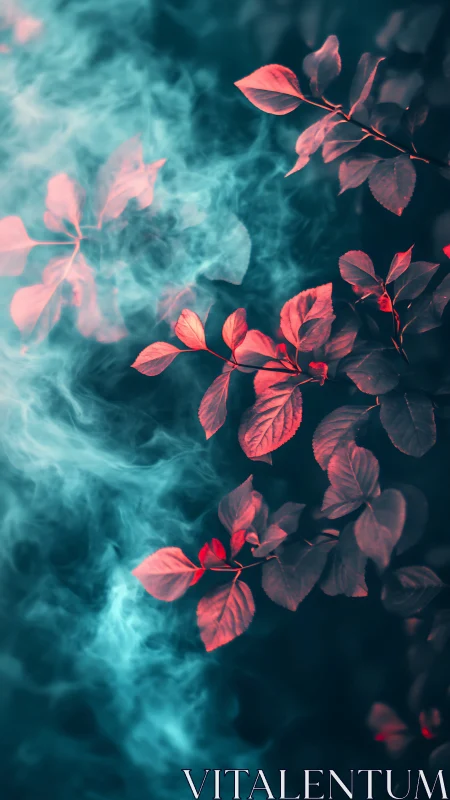 Vivid pink foliage drifts beside swirling teal smoke forms.