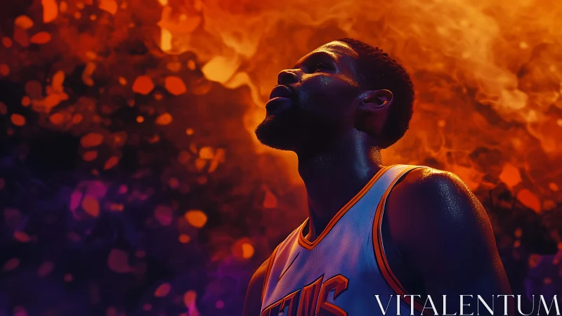 Photorealistic courtside portrait with cinematic neon bokeh lighting.