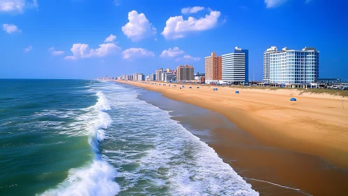 Oceanfront high-rises line sunlit sandy shoreline. Period.