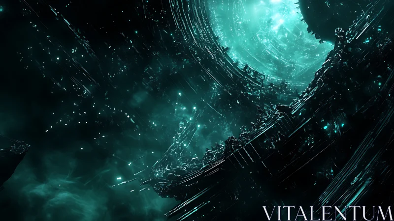 Futuristic teal space vortex swirls around shattered megastructure