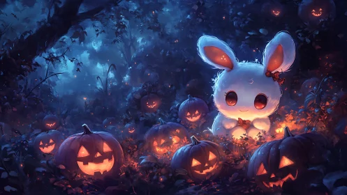 Moonlit pumpkin grove crowned by glowing ghostly bunny guide.