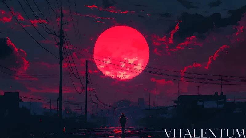 Solitary figure under oversized crimson moon in wired skyline