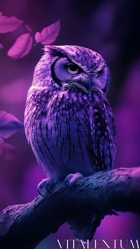 Violet-lit owl rests on a branch in a mystical night forest