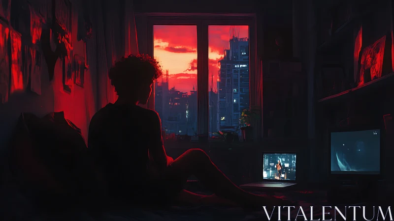 Silhouetted gamer watches neon red sunset above city skyline