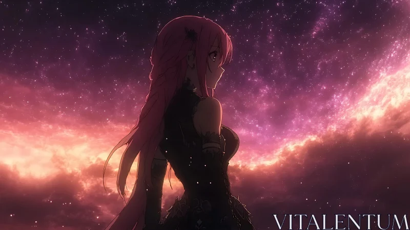 Side-lit anime girl silhouetted against dense magenta galactic nebula