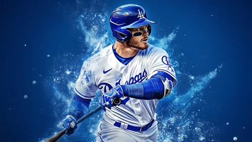 Dynamic baseball batter portrait with splatter effects and blue gradient