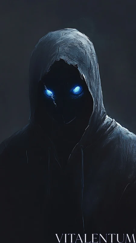 Hooded shadow figure glows with piercing electric blue eyes