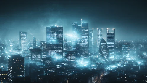 High-density neon skyline with volumetric haze and cold cyan luminance