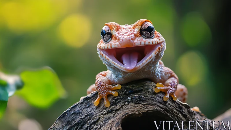 Joyful gecko portrait on mossy log with glossy bokeh.