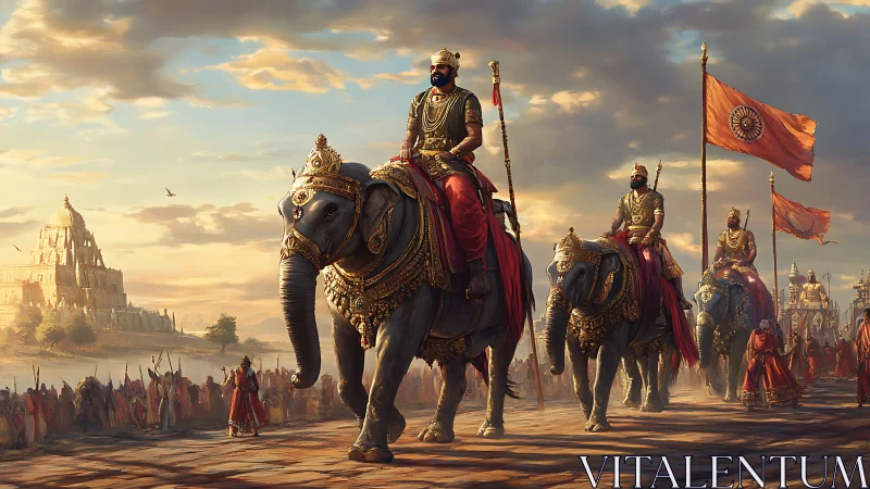 Royal elephant procession beneath a glowing temple sky.