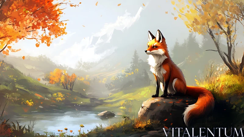 Autumnal red fox on riverside escarpment under diffuse skylight.