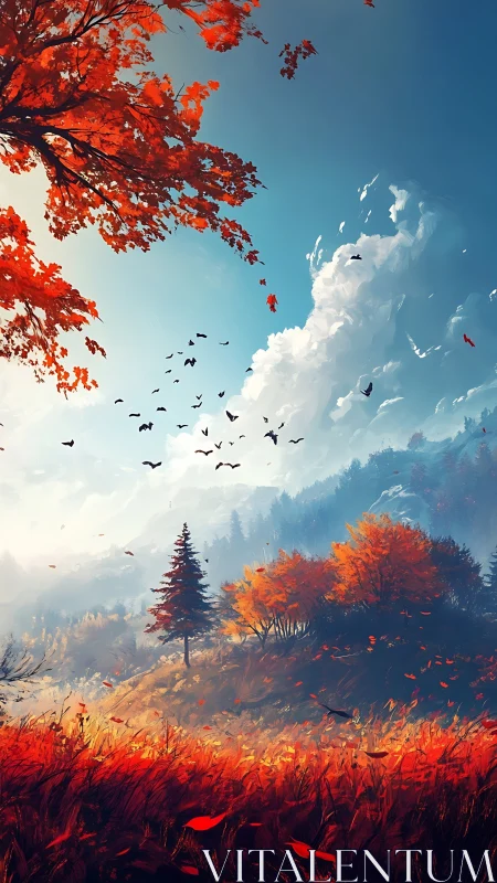 Autumn hillside landscape shows red foliage, clouds and birds