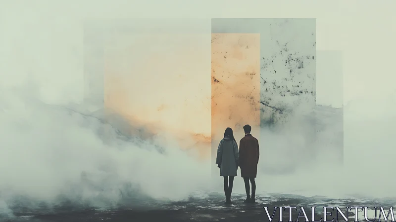 Fog-draped wanderers step toward glowing geometric gateways