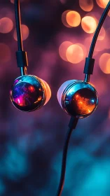 Colorful wired earbuds glow against dreamy bokeh lights.