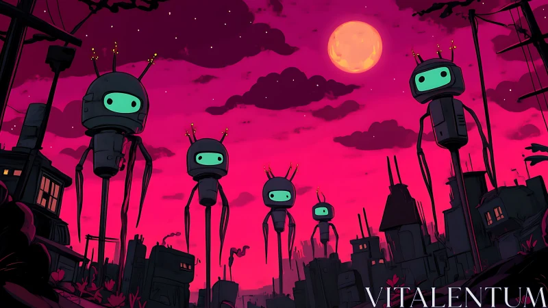 Long-legged moonlit robots parade across neon dusk skies.