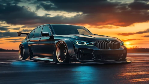 Modified black sedan is rendered on wet asphalt at sunset