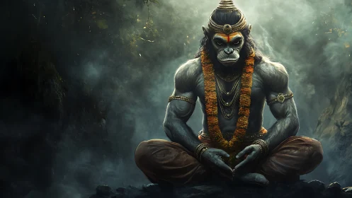 Divine simian warrior meditates in mist laden forest.