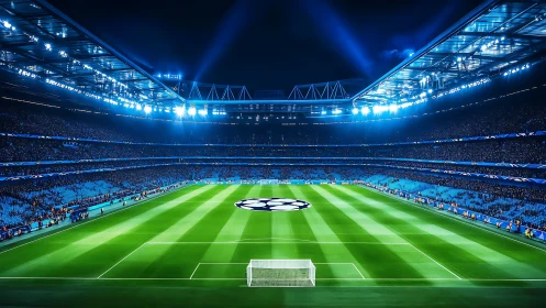 Illuminated football stadium interior under intense night floodlights