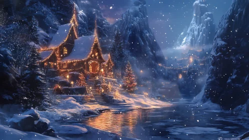 Cozy winter chalet glowing with lights in a snowy valley.