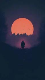Crimson moon swallows the road as the lone wanderer advances