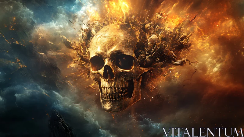 Burning human skull amid stormy clouds and fiery debris.