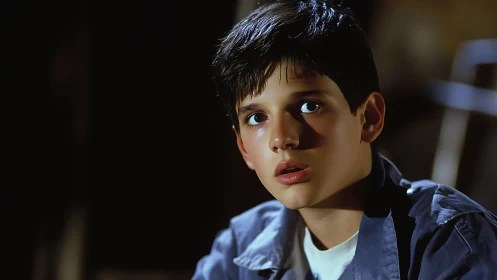 Close-up portrait of a young boy in low-key lighting