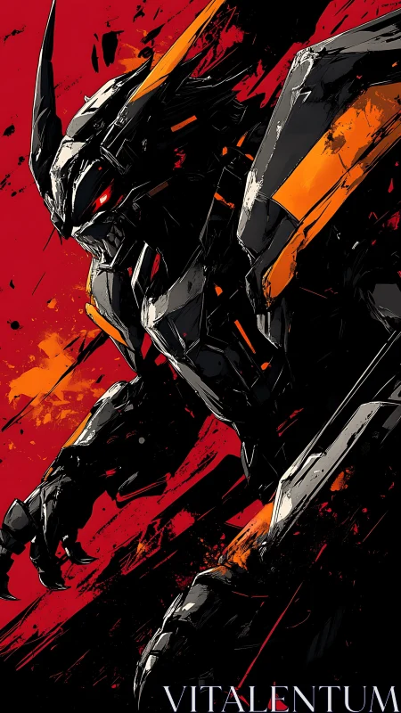 Armored mech creature advances across abstract red field