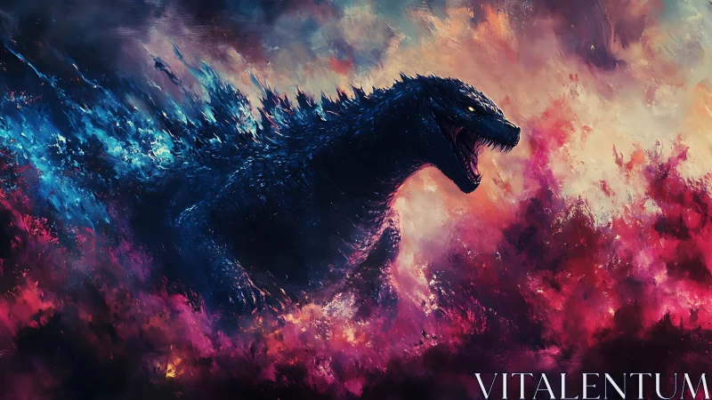 Cosmic kaiju storms through neon fire and roaring clouds.