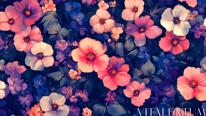 Luminous Cosmos: Pink and Blue Flowers Dance in Enchanted Darkness