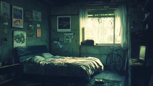 Sunlit urban bedroom captures quiet, nostalgic solitude.