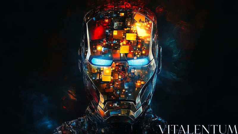 Glowing cyber helmet filled with tiny city lights and energy.