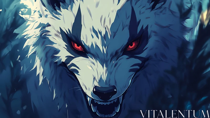 White wolf bares fangs, red eyes blaze through shadows.