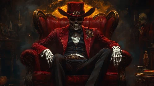 Crimson-blooded skeleton king lounges in infernal velvet throne