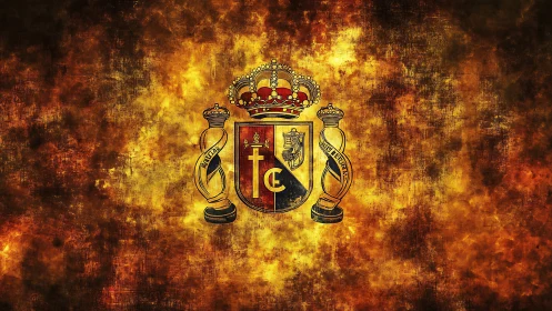 Glowing royal crest shining against a fiery textured sky.