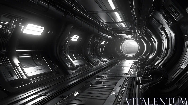 Stark sci fi corridor extends toward a distant white portal