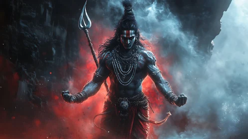 Warrior god strides through firelit mist with trident raised