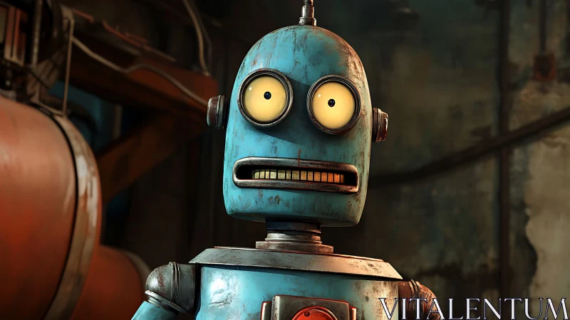 Weathered turquoise robot with stylized PBR metal shading and anxious gaze
