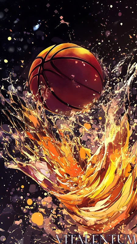 Blazing court comet: basketball splashing through liquid fire.