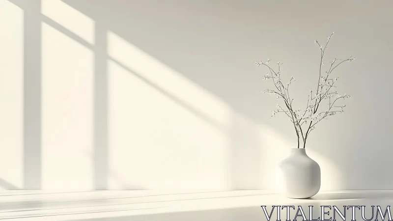 White ceramic vase with bare branches in directional light.