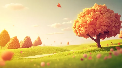 Parametric blossom tree in volumetric-lit stylized meadow.